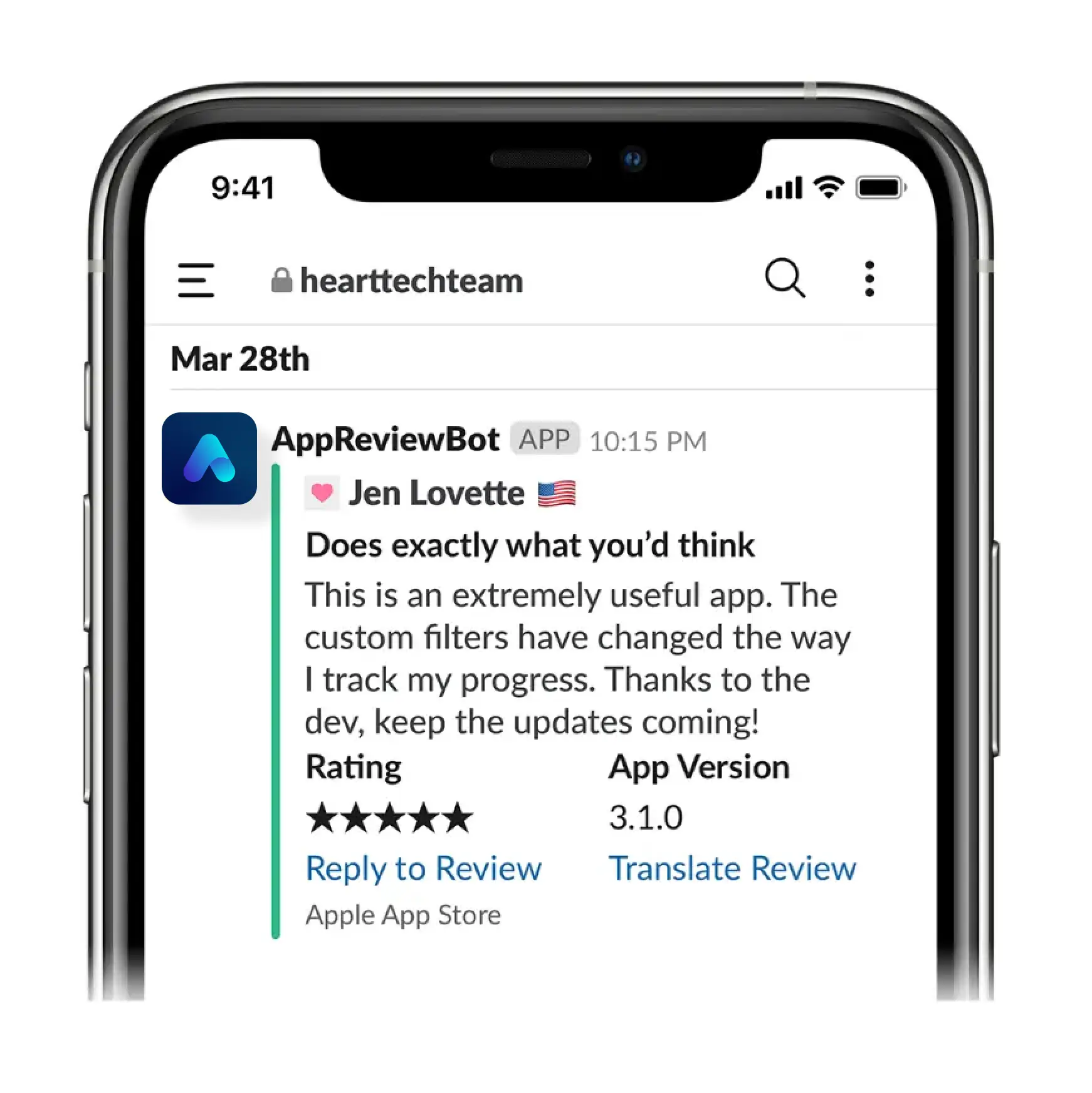 AppReviewBot Slack Review Message On Mobile Device